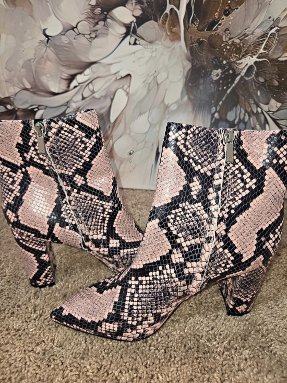 Snake Print Heeled Ankle Boots in Pink & Black US 9M Like